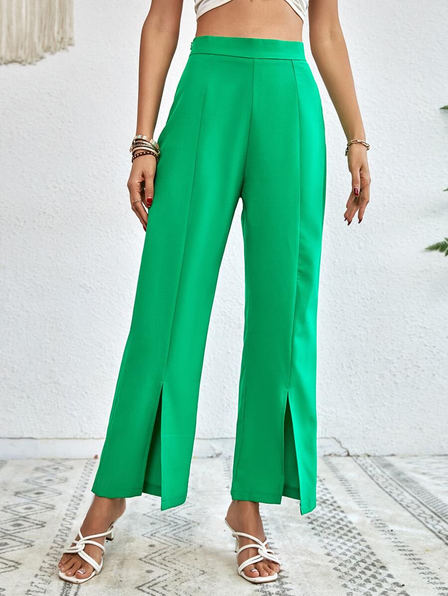 SHEIN Essnce Split Hem Wide Leg Trousers - Green - View 1