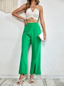 SHEIN Essnce Split Hem Wide Leg Trousers - Green - View 3
