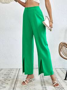 SHEIN Essnce Split Hem Wide Leg Trousers - Green - View 4