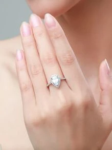 1個精美的奢華銀色立方氧化鋯水滴裝飾婚戒,浪漫婚禮珠寶,新娘婚禮精美珠寶,訂婚戒指 - 銀色 - 查看 3