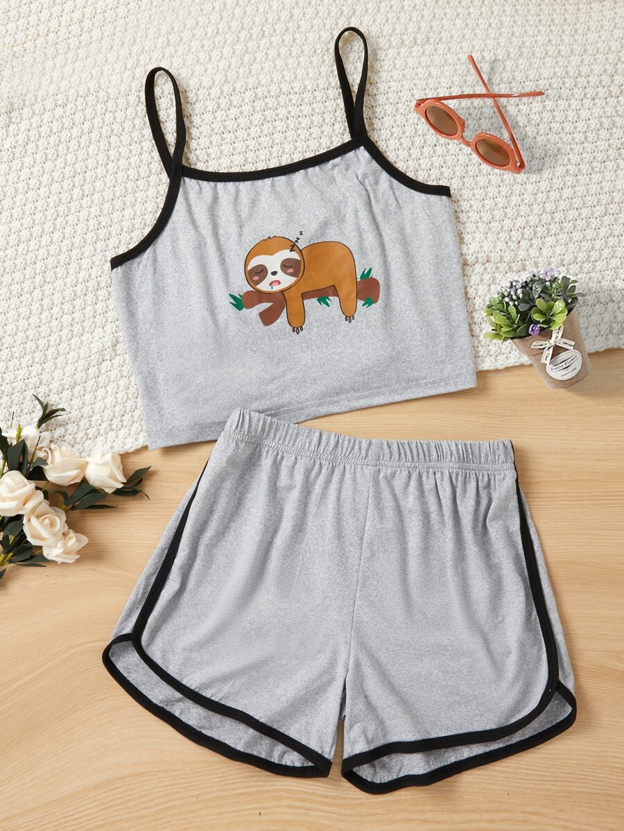 Chicas Conjunto de pijama con estampado de dibujos animados unido en contraste - Gris - Ver 1