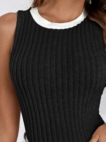 SHEIN Frenchy Contrast Trim Ribbed Knit Tank Top Summer Casual Black - Black - View 2