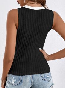 SHEIN Frenchy Contrast Trim Ribbed Knit Tank Top Summer Casual Black - Black - View 3