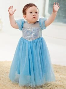 Baby Girls' Cute Bubble Sleeve Sequin Dress, Perfect For , 1st Birthday And Summer Party - Blue - View 1
