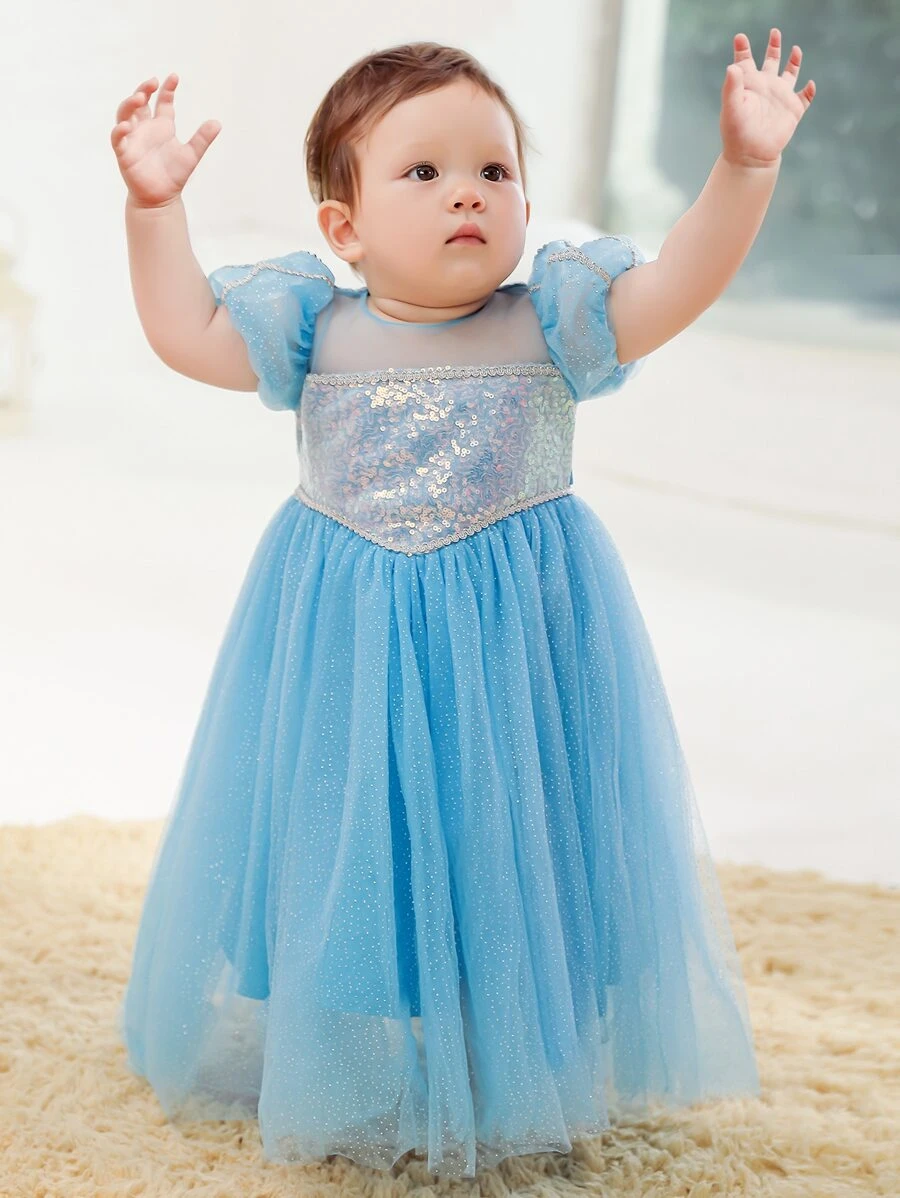 Baby Girls' Cute Bubble Sleeve Sequin Dress, Perfect For , 1st Birthday And Summer Party - Blue - View 1