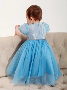 Baby Girls' Cute Bubble Sleeve Sequin Dress, Perfect For , 1st Birthday And Summer Party - Blue - View 2