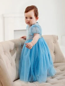 Baby Girls' Cute Bubble Sleeve Sequin Dress, Perfect For , 1st Birthday And Summer Party - Blue - View 3