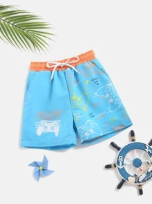 Toddler Boys Gamepad & Slogan Graphic Swim Shorts - Blue - View 1