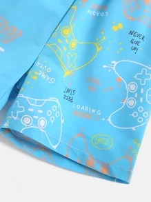 Toddler Boys Gamepad & Slogan Graphic Swim Shorts - Blue - View 4
