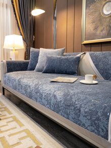 1入組條提花設計沙發巾現代滌綸防滑沙發套毛毯適合家居四季皆宜 - 藏蓝色 - 查看 3