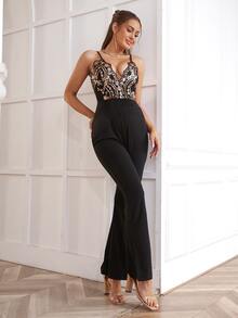 D&M 亮片拼接下擺開叉吊帶連體褲 - 黑色 - 查看 6