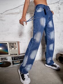 Street Belted Pocket Washed Straight Leg Jeans - Dark Wash - View 4