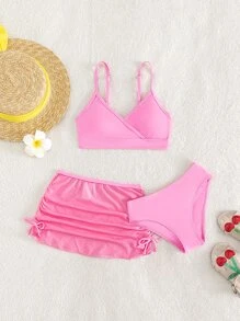 SHEIN Conjunto de bikini sólido con falda de playa fruncida para niña preadolescente - Rosa - Ver 1