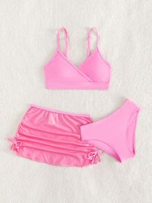 SHEIN Conjunto de bikini sólido con falda de playa fruncida para niña preadolescente - Rosa - Ver 5
