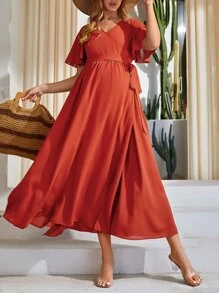 SHEIN Maternity Butterfly Sleeve Knot Side Wrap Dress - Burnt Orange - View 3
