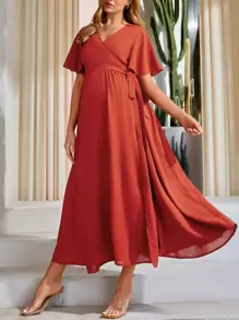 SHEIN Maternity Butterfly Sleeve Knot Side Wrap Dress - Burnt Orange - View 5