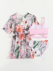 青少年女孩热带印花交叉比基尼套装与和服夏季海滩 - 淺粉色 - 查看 2