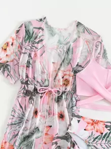 青少年女孩热带印花交叉比基尼套装与和服夏季海滩 - 淺粉色 - 查看 4