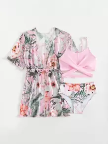 青少年女孩热带印花交叉比基尼套装与和服夏季海滩 - 淺粉色 - 查看 5