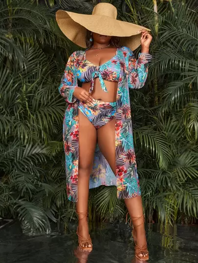 Swim Vcay 大尺碼熱帶印花打結前扣比基尼套裝，配和服設計的夏日沙灘裝