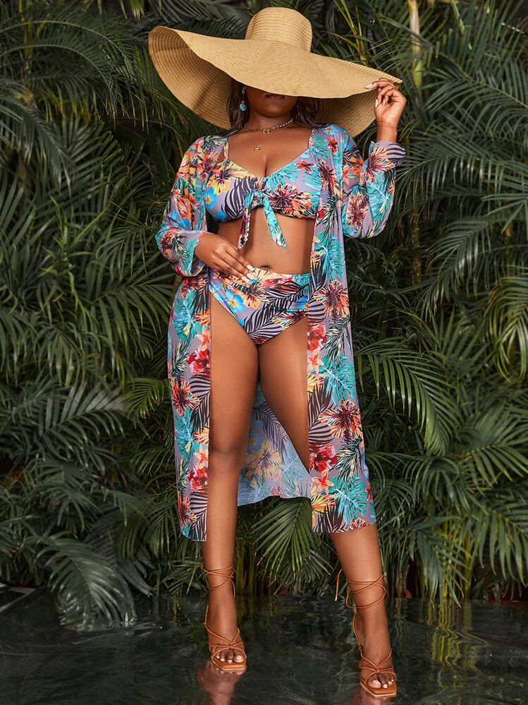 SHEIN Swim Vcay Plus Size Tropical Print Knot Front Bikini Set With Kimono Summer Beach