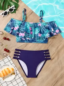 Conjunto de bikini con estampado tropical, recortes y ribete de volantes para niña preadolescente, ideal para la playa de verano - Azul Marino - Ver 1