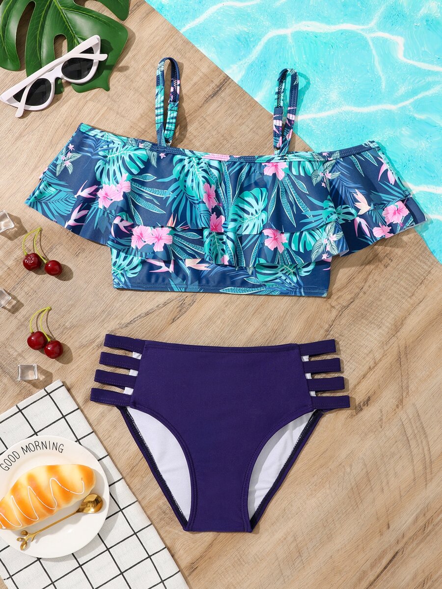 Conjunto de bikini con estampado tropical, recortes y ribete de volantes para niña preadolescente, ideal para la playa de verano - Azul Marino - Ver 1