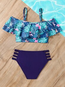 Conjunto de bikini con estampado tropical, recortes y ribete de volantes para niña preadolescente, ideal para la playa de verano - Azul Marino - Ver 2