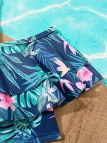 Conjunto de bikini con estampado tropical, recortes y ribete de volantes para niña preadolescente, ideal para la playa de verano - Azul Marino - Ver 3