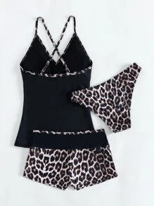 SHEIN Swim Leopard Tankini Set Crisscross Back Cami Top & High Waisted Bottom & Shorts 3 Piece Bathing Suit - Black - View 2