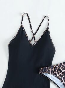 SHEIN Swim Leopard Tankini Set Crisscross Back Cami Top & High Waisted Bottom & Shorts 3 Piece Bathing Suit - Black - View 3