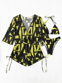 3包裝幾何圖案露肩背心夏季沙灘比基尼套裝＆蓋起來