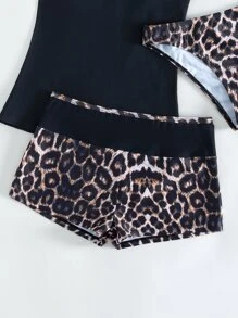 SHEIN Swim Leopard Tankini Set Crisscross Back Cami Top & High Waisted Bottom & Shorts 3 Piece Bathing Suit - Black - View 4
