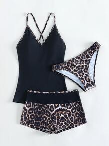 SHEIN Swim Leopard Tankini Set Crisscross Back Cami Top & High Waisted Bottom & Shorts 3 Piece Bathing Suit - Black - View 5