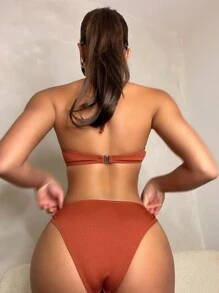 O-Ring Detail Halter Summer Beach Bikini Set With Kimono - Rust Brown - View 2