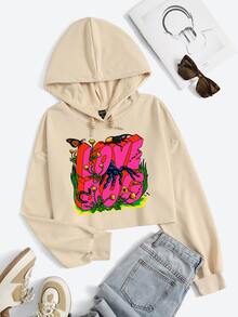 kmintern Floral & Letter Graphic Drop Shoulder Drawstring Crop Hoodie - Apricot - View 1