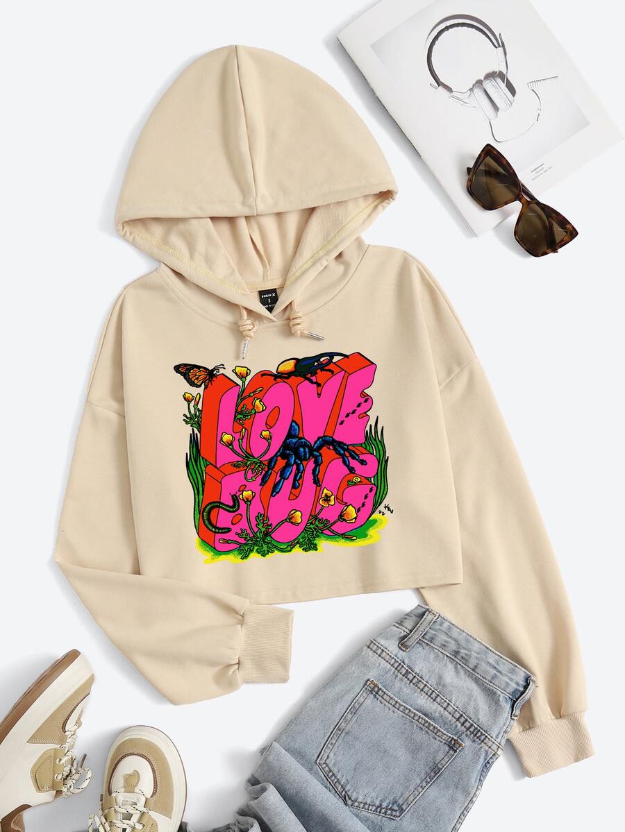 kmintern Floral & Letter Graphic Drop Shoulder Drawstring Crop Hoodie - Apricot - View 1