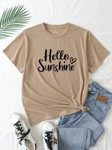 SHEIN LUNE Heart And Slogan Graphic Tee - Khaki - View 1