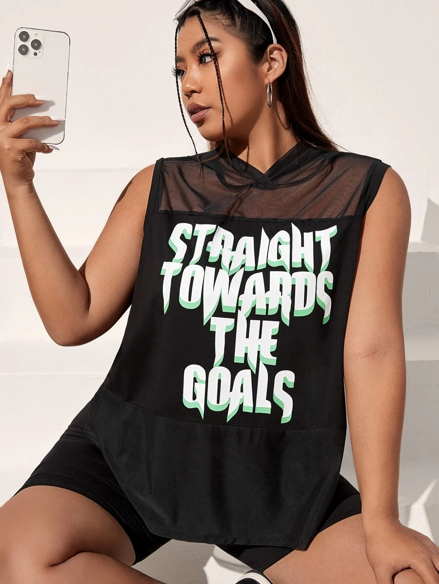 SHEIN Coolane 大碼標語圖案透視網紗連帽背心上衣