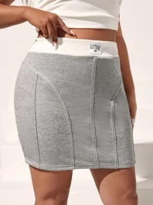 SHEIN EZwear Plus Letter Patched Seam Front Skirt - Light Grey - View 5