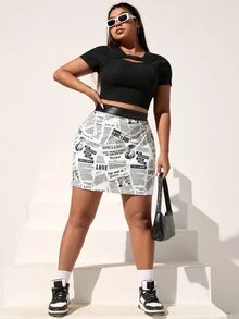 SHEIN ICON 大碼報紙印花拼接PU皮革腰半身裙 - 黑與白 - 查看 3