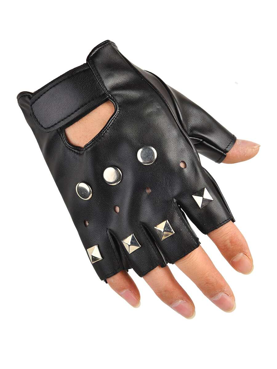 Studded Decor Fingerless Gloves - Black - View 1