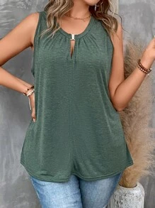 SHEIN LUNE Plus Keyhole Neckline Tank Top - Army Green - View 1