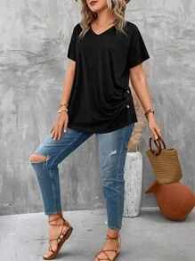 SHEIN LUNE 大碼紐扣細節側收褶蝙蝠袖T恤 - 黑色 - 查看 5