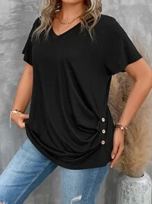 SHEIN LUNE 大碼紐扣細節側收褶蝙蝠袖T恤 - 黑色 - 查看 6