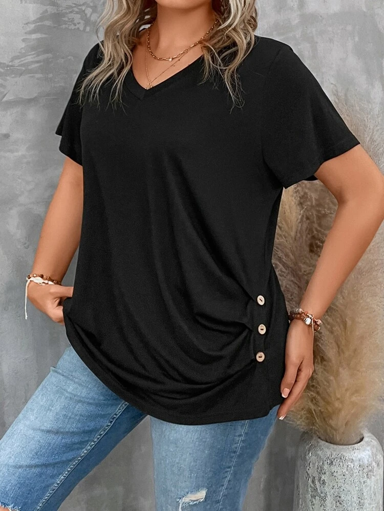 Plus Size Women's V Neck Short Sleeve Pleated T-Shirt Solid Button Detail Tee Button Detail Ruched Tee Tops