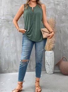 SHEIN LUNE Plus Keyhole Neckline Tank Top - Army Green - View 5