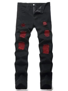 男士网眼细节拉链门襟牛仔裤 - 黑色 - 查看 1