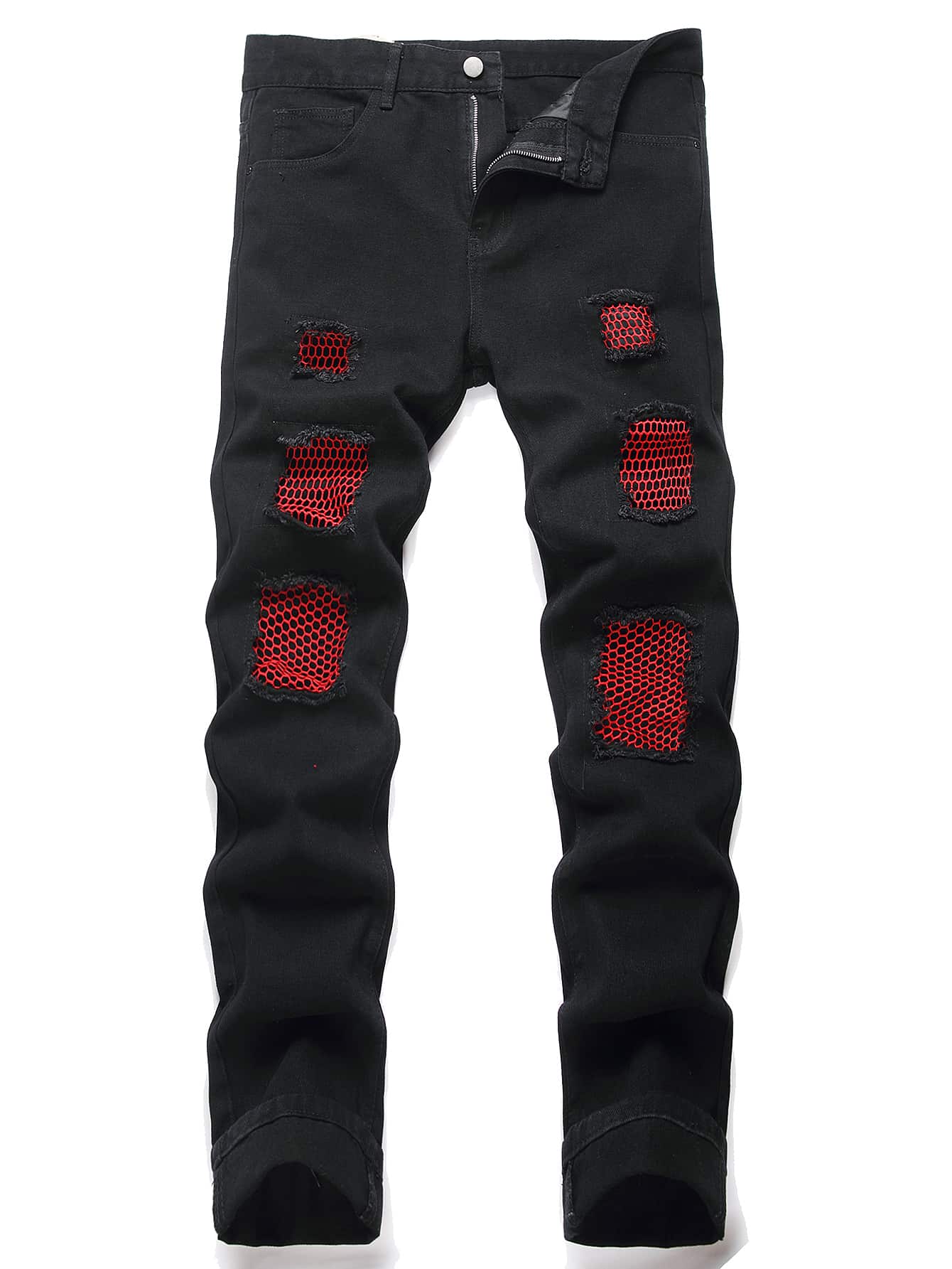 男士网眼细节拉链门襟牛仔裤 - 黑色 - 查看 1