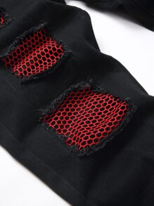 男士网眼细节拉链门襟牛仔裤 - 黑色 - 查看 7